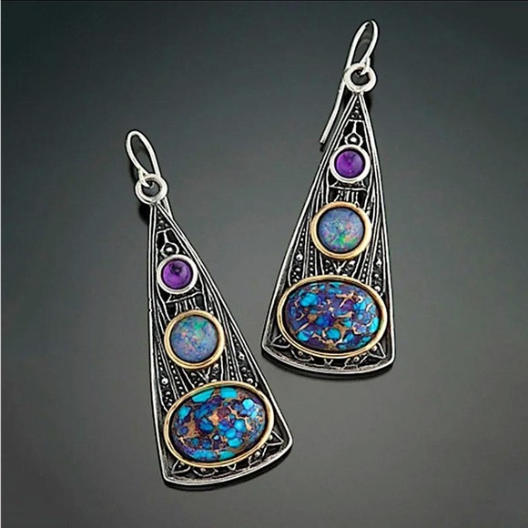 Vintage Handmade Boho Earrings, Silver Geometric - Picture 3 of 6